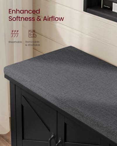 VASAGLE Farmhouse Entryway Shoe Bench with Cushion, 47.2-Inch Ink Black & Slate Gray