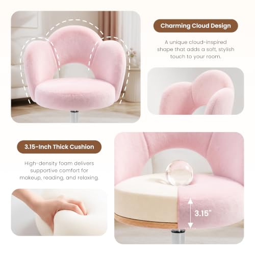 Pink Vanity Chair with Wheels, Faux Rabbit Fur Seat for Girls & Women