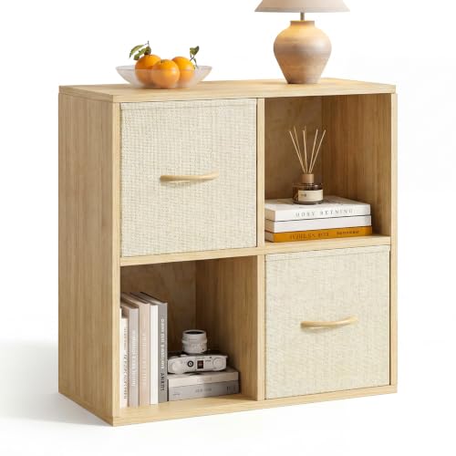 4 Cube Storage Organizer with 2 Bins - Solid Wood Cube Shelf for Bedroom, Living Room, Office - Variation of THIS listing