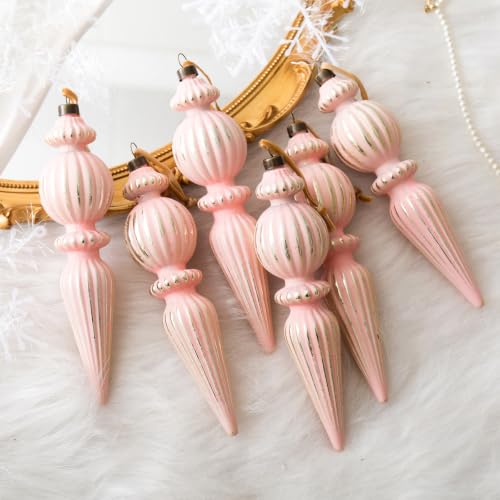 Munansli Pink Vintage Finial Christmas Ornaments, 6Pcs - Shatterproof 5.71in Pink Gold