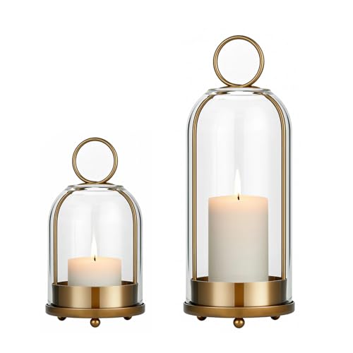 Havmorph Gold 5&4 Hurricane Glass Candle Holders, Hanging Brass Set