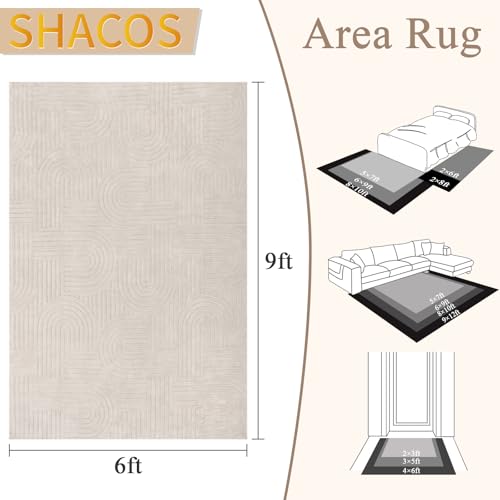 Beige 6'x9' Fluffy Geometric Area Rug with High-Low Pile - Non Slip Washable Modern Scandinavian Carpet for Living Room Bedroom