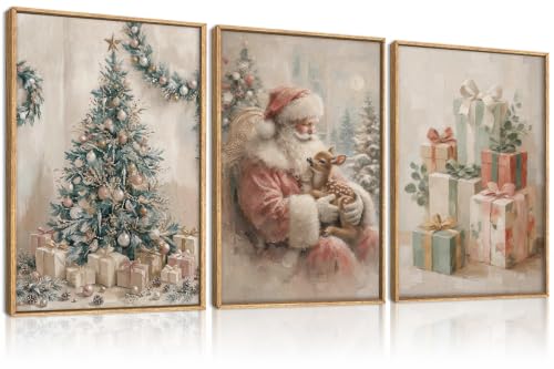 HLNIUC Vintage Christmas Canvas Wall Art Santa Claus with Gift, 24x36 Inches