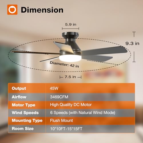 Black 42 Inch Modern Low Profile Ceiling Fan with Lights & Remote