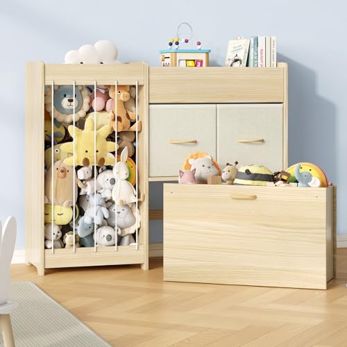Burlywood Toy Storage Organizer with Stuffed Animal Shelf - Kids Wooden Playroom Storage