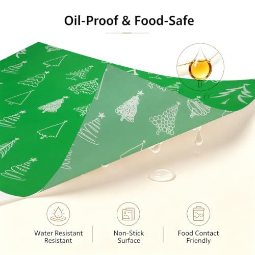 Christmas Wax Paper Sheets 100 Pack, Greaseproof Food Wraps for Baking & Cooking