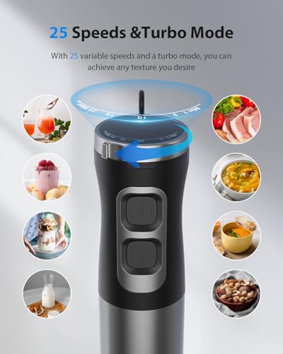 1000W Handheld Immersion Blender with 25-Speed Copper Motor - Silver
