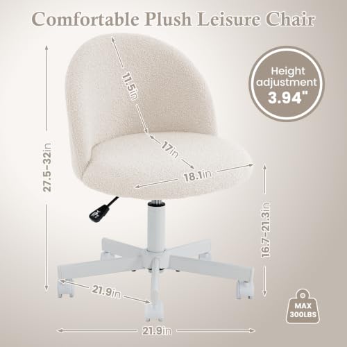 White Vanity Chair with Backrest - Girls Desk Stool, Adjustable & Swivel