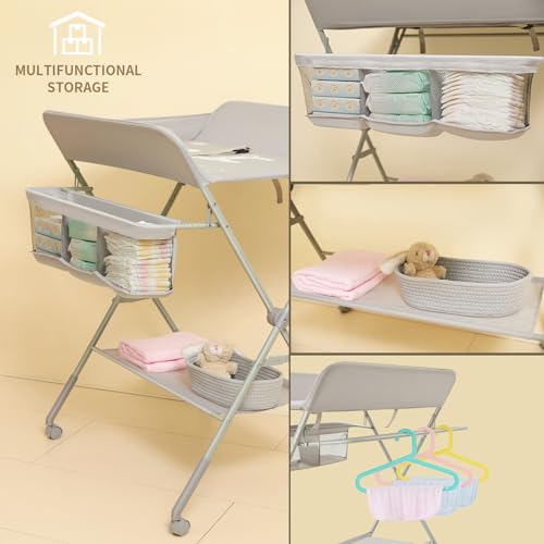 KARAOK Baby Changing Table with Wheels & Storage, Adjustable Height Portable Diaper Station