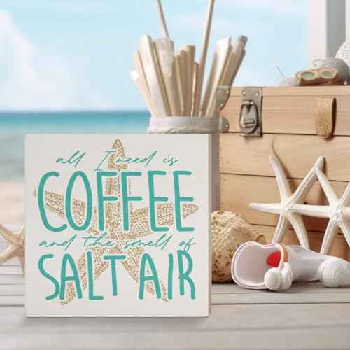 Beach Decor Wooden Box Sign, Beach Room Home Bedroom Bathroom Decor Beach House Ocean Coastal Sea Coffee Bar Decoration, Smell of Salt Air, Beach Gifts for Women Men