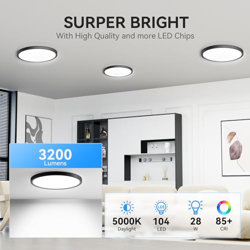 LED Flush Mount Ceiling Light 12 Inch, Super Slim 3200lm 5000K - Black 6 Pack