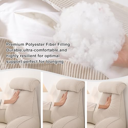 Ailuteie Beige Gray Large Reading Pillow for Sitting Up in Bed Backrest with Arms & Washable Cover