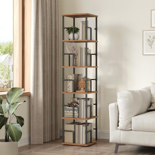 MAHANCRIS 5-Tier Rotating Corner Bookshelf - Rustic Brown & Black, Spinning Storage Rack