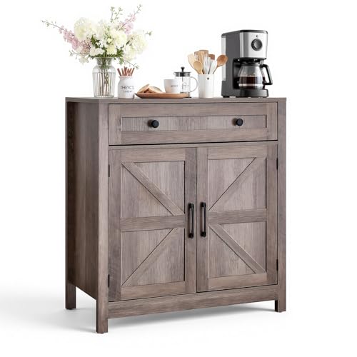 VEVOR Farmhouse Grey Buffet Cabinet with 2 Barn Doors & Adjustable Shelves - 30" Coffee Bar Sideboard with Drawers