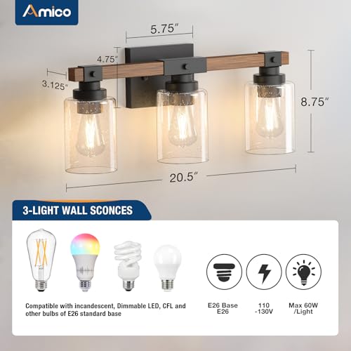 Amico 3-Light Farmhouse Vanity Light - Seeded Glass, Black & Wood Variation