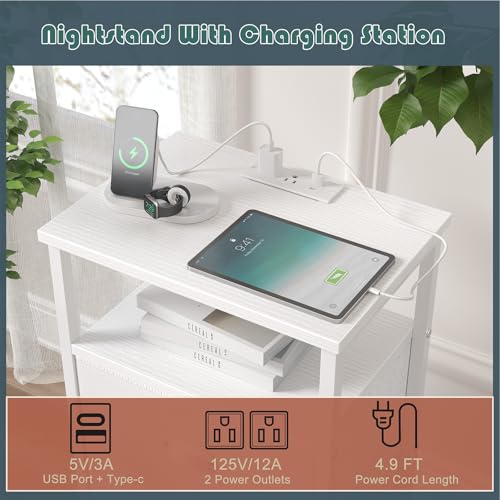 Sthmec White Nightstand with Charging Station, 3 Drawers & LED RGB Light