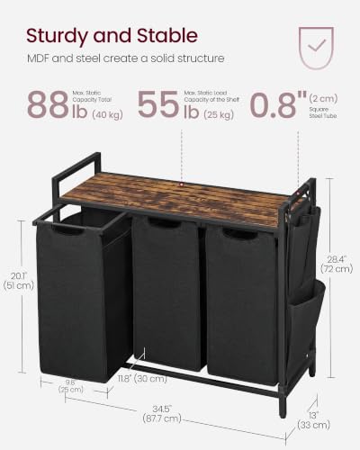 Laundry Hamper with Shelf and 3 Removable Bags - Black + Rustic Brown, 120L