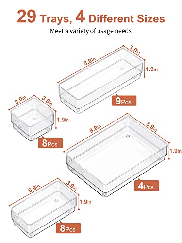 Large Clear Drawer Organizer Set - 29 Pieces, 4 Sizes, Stackable, Non-Slip