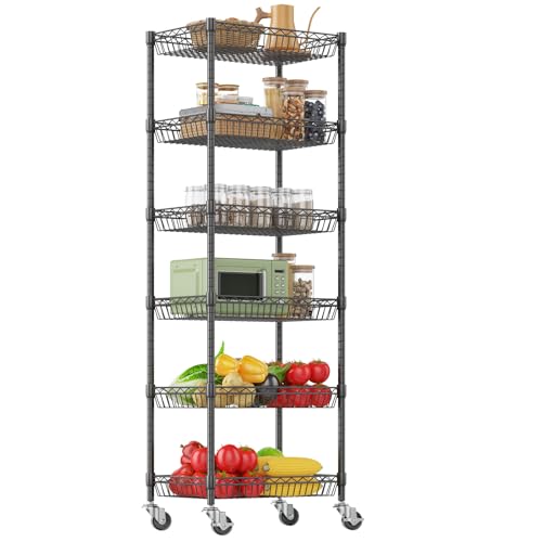 17W x 12D x 63H Black 6-Tier Rolling Storage Cart with Adjustable Shelves