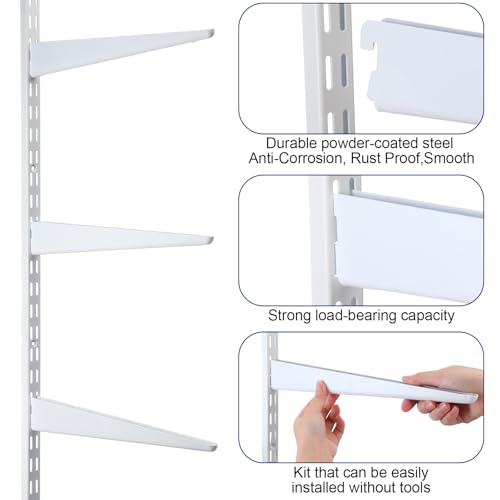 Wall Shelving System with Brackets - 16 Pcs White Track & Upright Rails Set Variation of 16/White