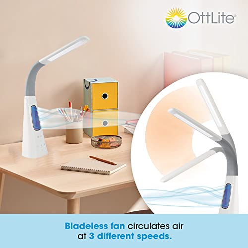 OttLite White LED Desk Lamp with Bladeless Fan, Adjustable Brightness & Color Modes