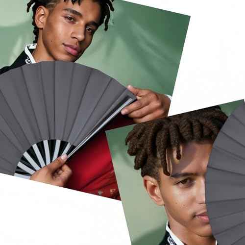2 Pack Large Folding Hand Fan, Black Chinese Kung Fu Tai Chi Fan Nylon-Cloth Fan For Men And Women Performance, Dance, Decorations, Festival, Gift (Folding fan black 2p)