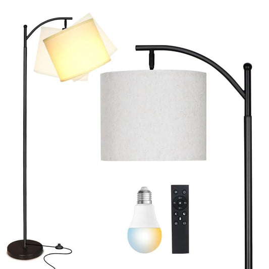 mukuxin LED Floor Lamps for Living Room, 12W Modern Arc Floor Lamp with Remote & Adjustable Linen Lampshade, Stepless Dimmable Tall Standing Lamp for Bedroom Office Reading (White Shade)
