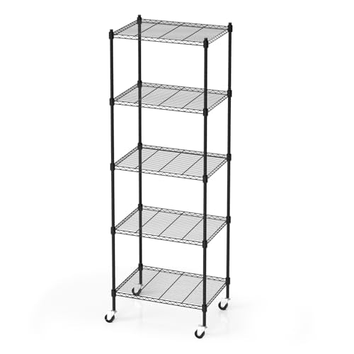 Black 5-Tier Heavy Duty Metal Storage Shelves with Wheels - Adjustable Garage & Kitchen Organizer