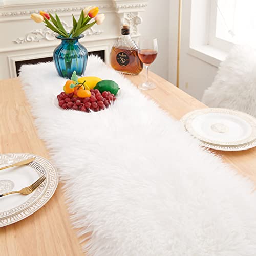 MeiSan Faux Fur White Table Runner 11.8x70.8 Inch for Holiday & Seasonal Decor