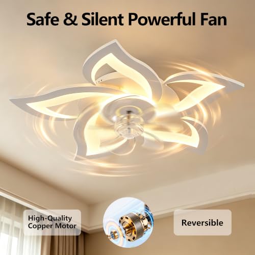 Ruibutrade 24'' White Flower Ceiling Fan with Lights Remote Control, Dimmable LED, 6 Speeds