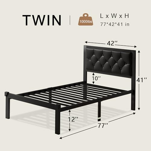 Einhomn Twin Metal Bed Frame with Faux Leather Headboard - Black, 12" Underbed Storage, No Box Spring Needed