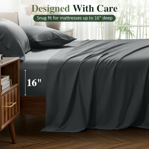 Queen Organic Bamboo Viscose Bed Sheets Set with Deep Side Pockets - Dark Grey, 16" Fit