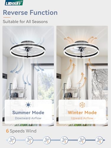 20-Inch Ceiling Fan with Lights and Remote - Black Low Profile Modern Flush Mount