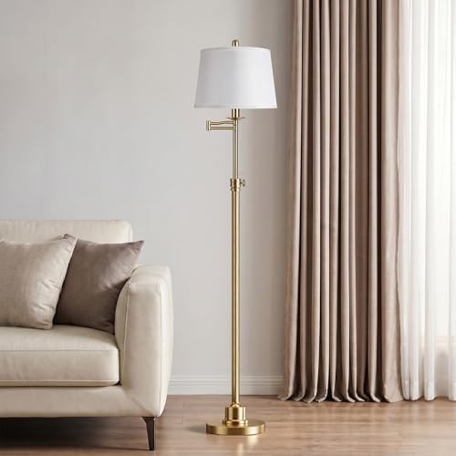 Antique Brass Floor Lamp with Swivel Swing Arm - Height Adjustable Mid Century Modern Tall Lamp for Living Room & Bedroom - LED Bulb Included