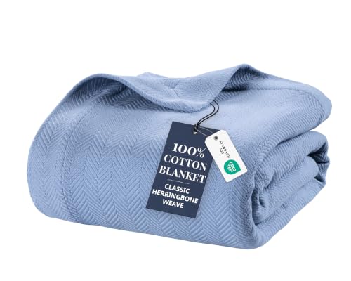 Queen Size Cotton Blanket - Textured Herringbone Weave, Light Blue