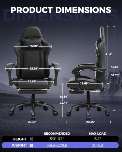 Luckracer Gaming Chair with Footrest, Reclining 90-135°, Lumbar Support, Black