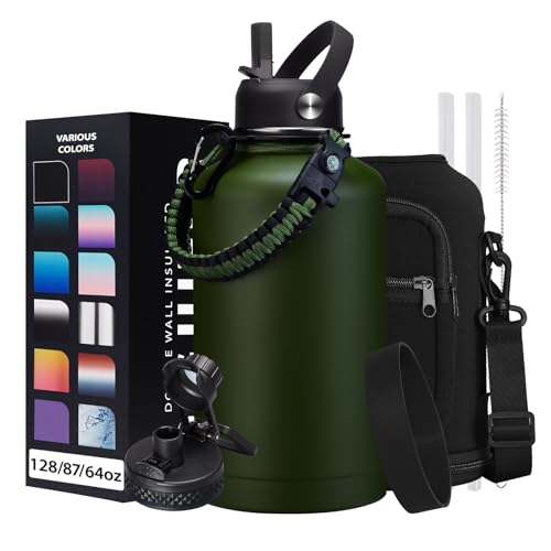 Army Green 64oz Insulated Water Bottle with Straw & Auto Spout, Paracord Handle