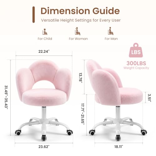 Pink Vanity Chair with Wheels, Faux Rabbit Fur Seat for Girls & Women