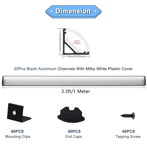 20 Pack 3.3ft LED V Shape Aluminum Channel System with Milky Diffuser Cover - Black & Milky Variation