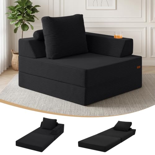 Black COMAX Folding Sofa Bed Chair - Single Floor Couch with Arm and Cup Holder
