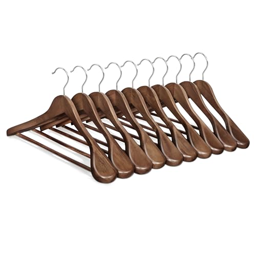 Wooden Suit Hangers 10 Pack - Extra-Wide Shoulder Clothes Hangers in Walnut