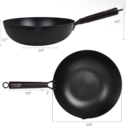 12.5 Inch Carbon Steel Wok with Wooden Lid - Pre-Seasoned for Electric, Induction & Gas Stoves