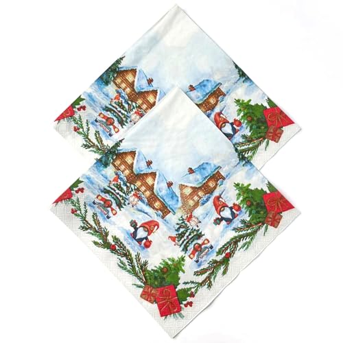 WRAPAHOLIC 25-Pack Christmas Paper Napkins with Gnome & Snow House Design, 6.5 x 6.5 Inch, 2-Ply - Red Gingerbread House Variant
