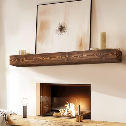 48 Inch Fireplace Mantel Shelf - 5 Inch Thick Pine Wood Floating Wall Shelf - Brown, Hollow, 48x5x8