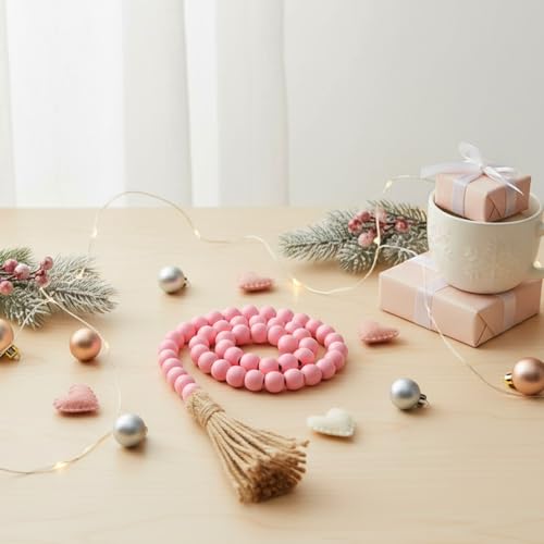 Equsion 1 Pcs Pink 0.55 Inch Wooden Bead Garland with Tassels - 3.3 ft