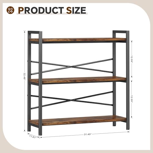 Homeiju 3-Tier Vintage Bookshelf - 31.5" Wide Wooden & Metal Storage Rack