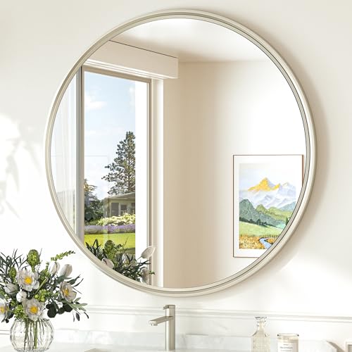 TokeShimi 30 Inch Brushed Nickel Round Wall Mirror - Tempered, Shatterproof Bathroom Vanity Mirror, Farmhouse Wall Decor