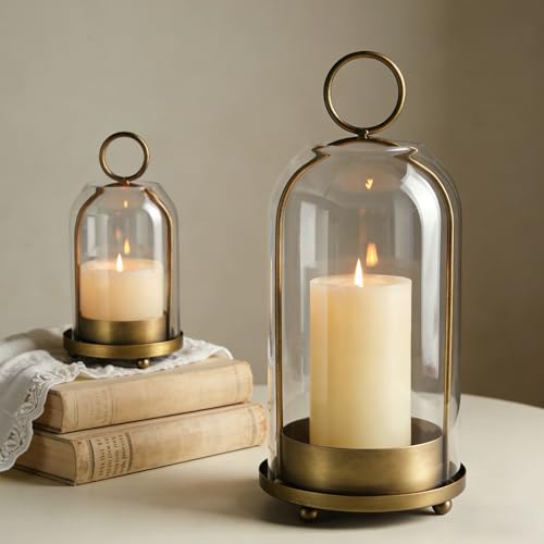 Hurricane Candle Holder Lantern Set of 2 - Rustic Metal and Glass Decor