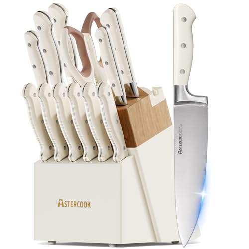 Astercook Cream White 14-Piece Stainless Steel Knife Set with Block & Sharpener