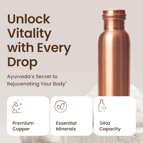 Copper Water Bottle 34 Oz with Smooth Finish - Reusable, Leak-Proof Drinking Bottle